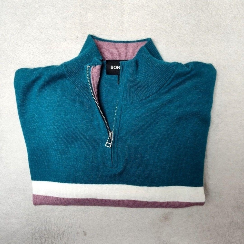 Bonobos Sweater Mens L Green 1/4 Zip Pullover Striped Cotton Polyester Knit Work